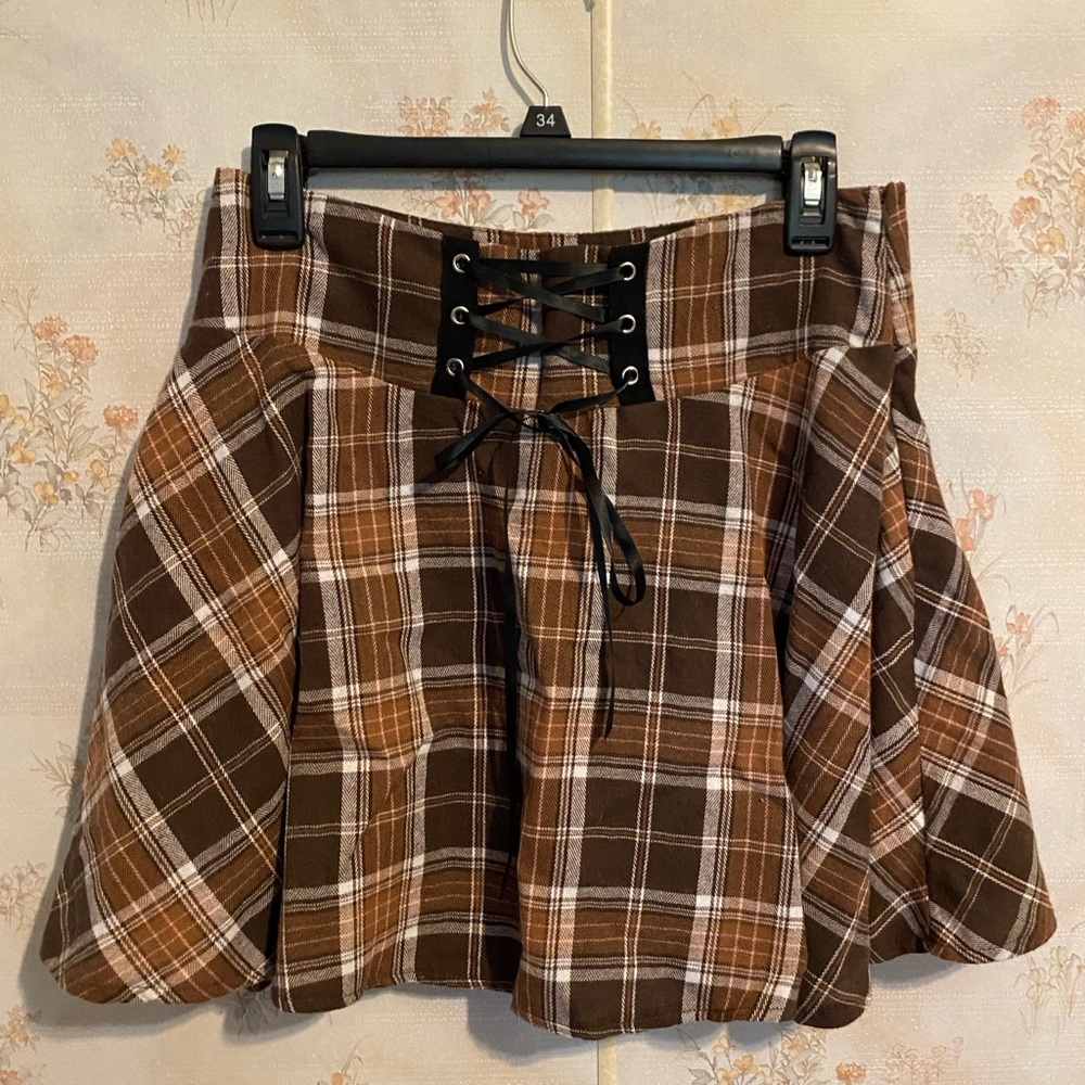 Plaid Brown Skirt with Lace-Up Detail